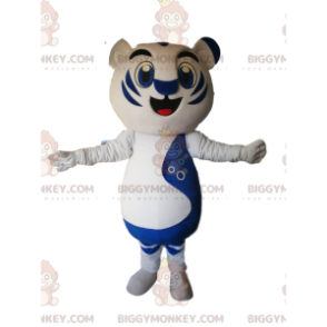 BIGGYMONKEY™ maskotkostume af hvid og blå tiger med stort smil