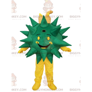 Hymyilevä vihreä ja keltainen virus BIGGYMONKEY™ maskottiasu.