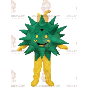 Glimlachend groen en geel virus BIGGYMONKEY™ mascottekostuum.