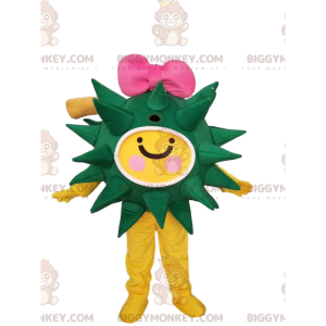 Groen en geel virus BIGGYMONKEY™ mascottekostuum met roze