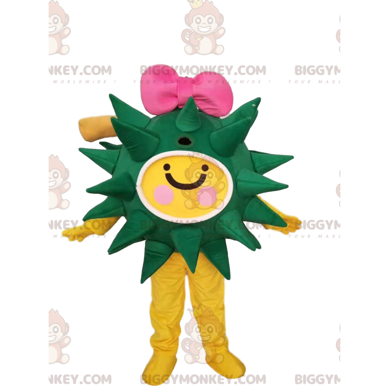 Grönt och gult virus BIGGYMONKEY™ maskotdräkt med rosa fluga -