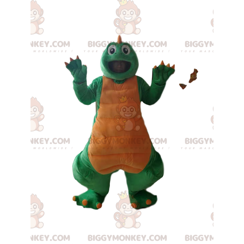 Disfraz de mascota dinosaurio verde y amarillo BIGGYMONKEY™ -