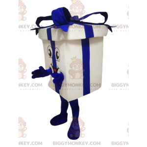 Weißes und blaues Geschenkpaket BIGGYMONKEY™ Maskottchenkostüm