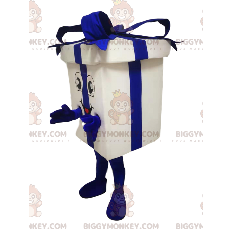 Costume de mascotte BIGGYMONKEY™ de paquet cadeau blanc et bleu