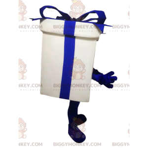 Costume de mascotte BIGGYMONKEY™ de paquet cadeau blanc et bleu