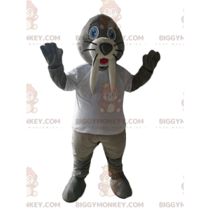 Costume de mascotte BIGGYMONKEY™ de morse gris avec un maillot