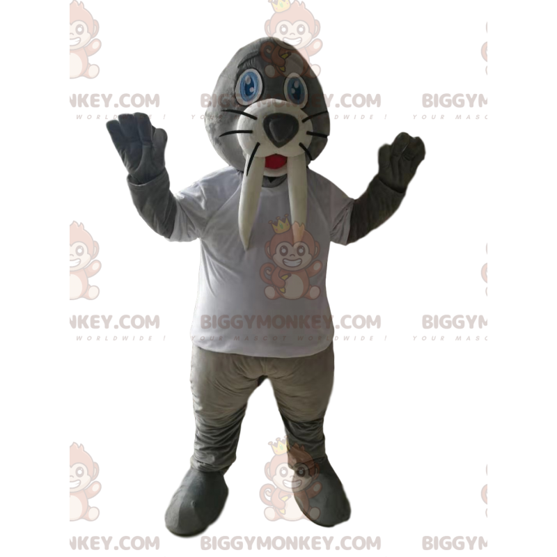 Costume de mascotte BIGGYMONKEY™ de morse gris avec un maillot