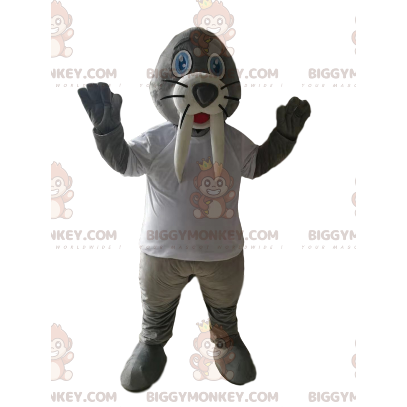 Fantasia de mascote BIGGYMONKEY™ de morsa cinza com camisa