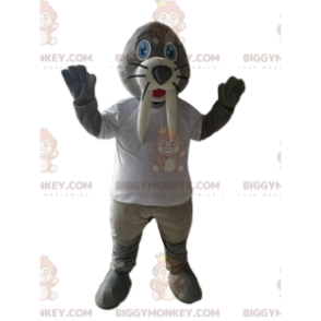 Costume de mascotte BIGGYMONKEY™ de morse gris avec un maillot