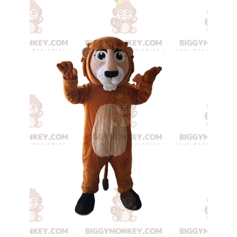 Traje de mascote BIGGYMONKEY™ de leão marrom e bronzeado.