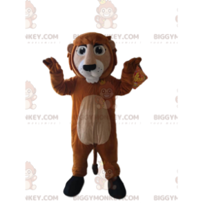 Traje de mascote BIGGYMONKEY™ de leão marrom e bronzeado.