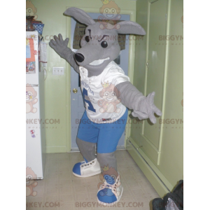 BIGGYMONKEY™ -maskottiasu harmaasta kengurusta sinivalkoisessa