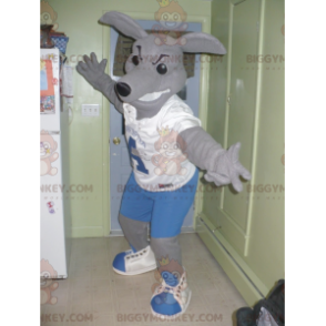 BIGGYMONKEY™ Mascot Costume of Grey Kangaroo i blå och vit