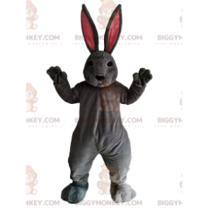 BIGGYMONKEY™ Maskotdräkt Grå kanin med enorma rosa öron -