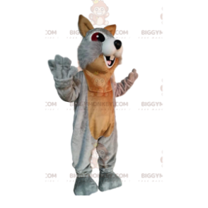 Bardzo entuzjastyczny kostium maskotki szaro-brązowej wiewiórki