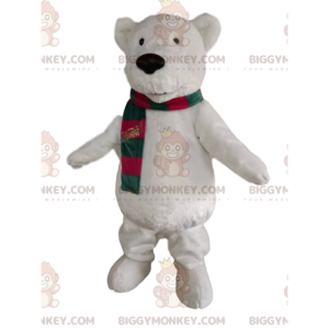 Polar bear BIGGYMONKEY™ mascot costume with green and red scarf