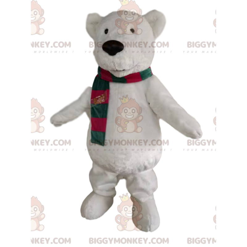 Costume da mascotte orso polare BIGGYMONKEY™ con sciarpa verde