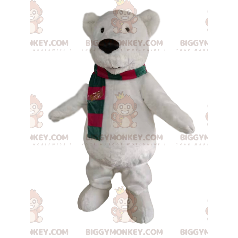 Polar bear BIGGYMONKEY™ mascot costume with green and red scarf