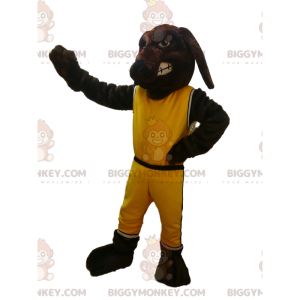 Στολή μασκότ καφέ σκύλου BIGGYMONKEY™ με κίτρινα αθλητικά ρούχα