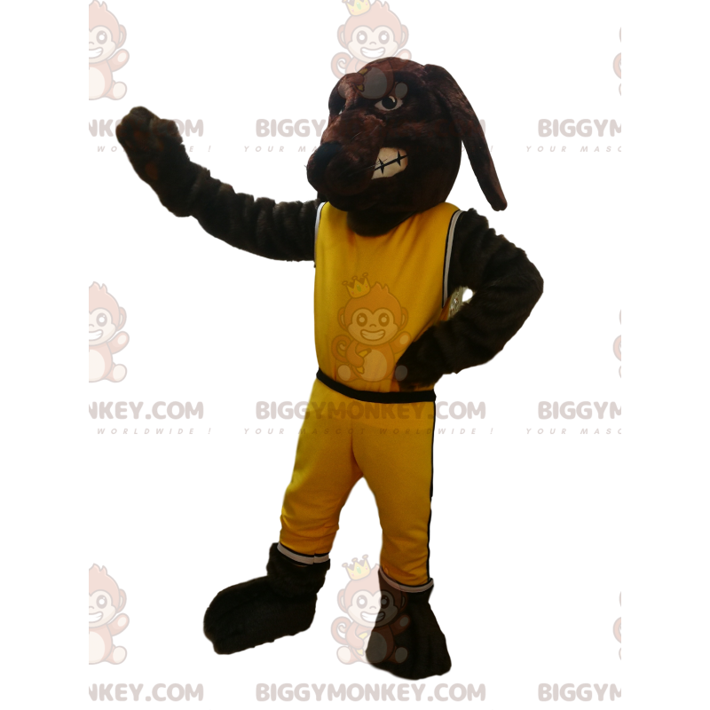 Brązowy kostium maskotka BIGGYMONKEY™ z żółtą odzieżą sportową