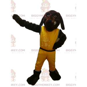 Bruine hond BIGGYMONKEY™ mascottekostuum met gele sportkleding