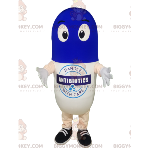 Costume de mascotte BIGGYMONKEY™ de pilule blanche et bleue. -