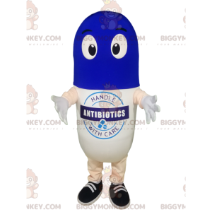 Witte en blauwe pil BIGGYMONKEY™ mascottekostuum. -