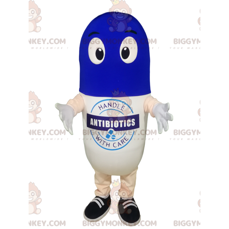 Witte en blauwe pil BIGGYMONKEY™ mascottekostuum. -