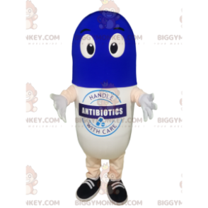 Costume de mascotte BIGGYMONKEY™ de pilule blanche et bleue. -