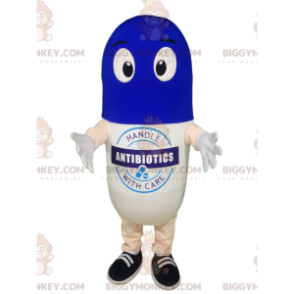 Witte en blauwe pil BIGGYMONKEY™ mascottekostuum. -