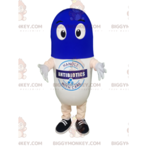 Witte en blauwe pil BIGGYMONKEY™ mascottekostuum. -