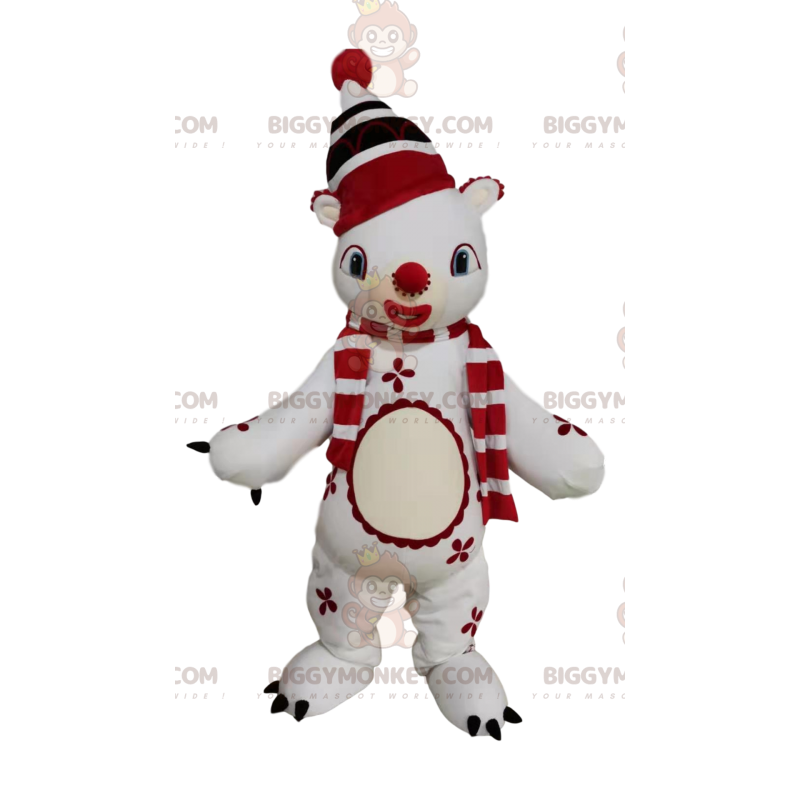 BIGGYMONKEY™ Sneeuwman-mascottekostuum met rode pomponhoed -