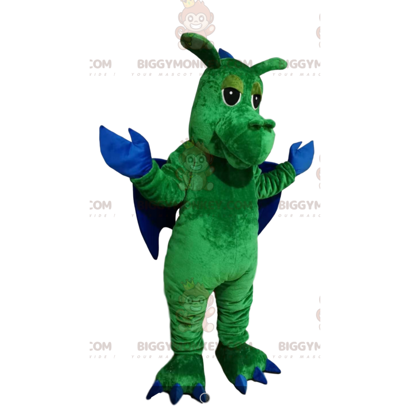 BIGGYMONKEY™ Costume da mascotte Drago verde con ali blu -