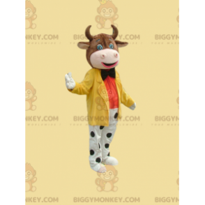 Ruskea lehmä BIGGYMONKEY™ maskottiasu, joka on pukeutunut
