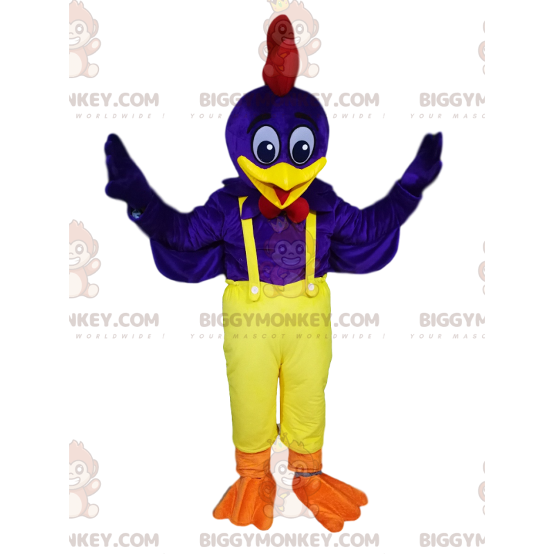 Costume de mascotte BIGGYMONKEY™ de coq bleu avec une salopette