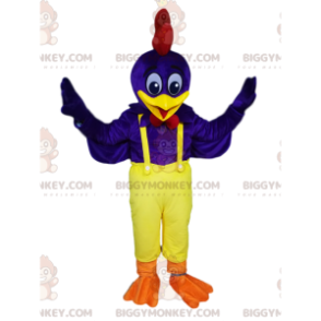 Blue Rooster BIGGYMONKEY™ Mascot Costume with Yellow Overalls -
