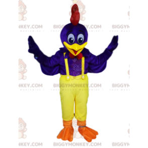 Costume de mascotte BIGGYMONKEY™ de coq bleu avec une salopette