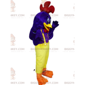 Costume de mascotte BIGGYMONKEY™ de coq bleu avec une salopette