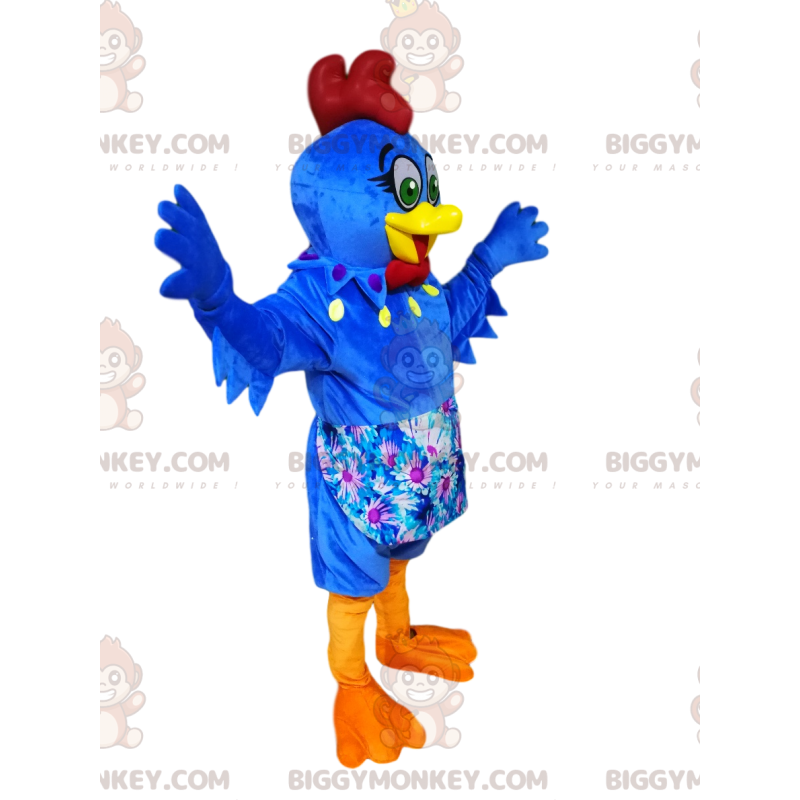 Blaue Henne BIGGYMONKEY™ Maskottchenkostüm mit floraler Schürze