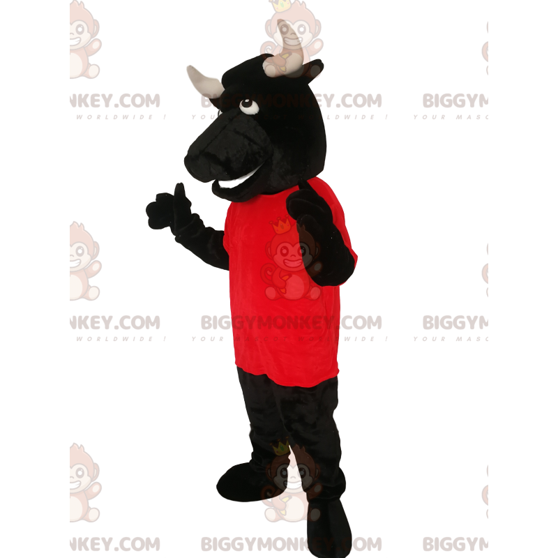 BIGGYMONKEY™ maskotkostume Black Bull med rød trøje -