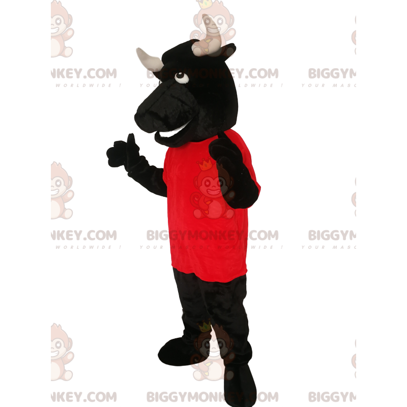 BIGGYMONKEY™ Maskottchenkostüm Schwarzer Stier mit rotem Jersey