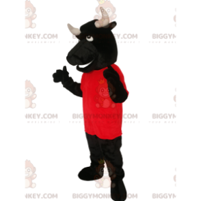 BIGGYMONKEY™ mascottekostuum zwarte stier met rode trui -