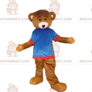 Kostým maskota medvěda hnědého BIGGYMONKEY™ s modrým a červeným