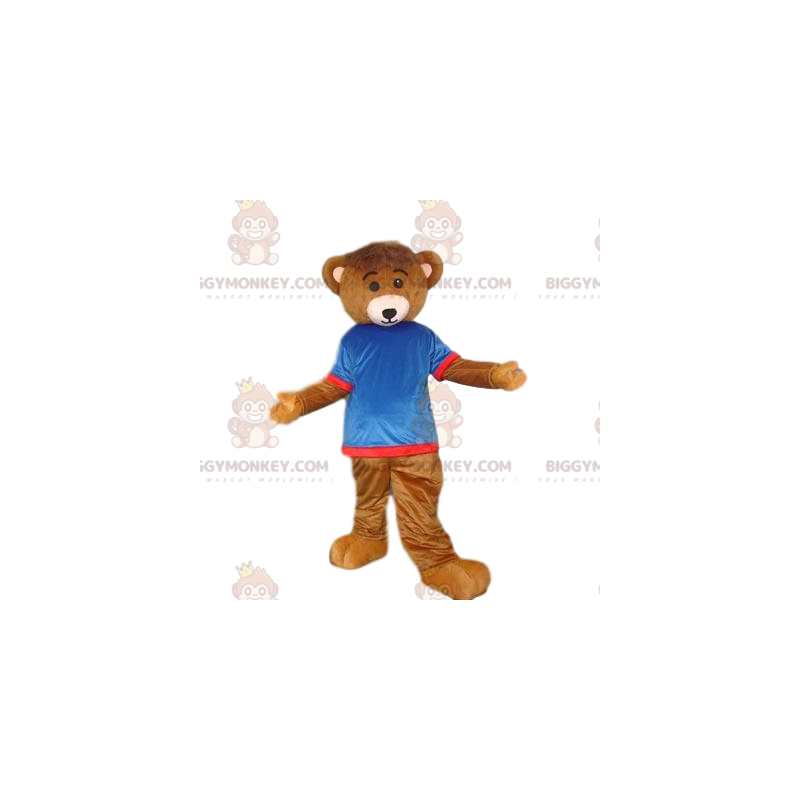 Brown Bear Cub BIGGYMONKEY™ maskottiasu sinisellä ja punaisella