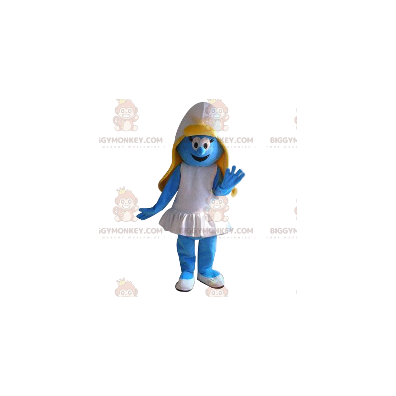 Traje de mascote Smurfette BIGGYMONKEY™ com vestido branco de