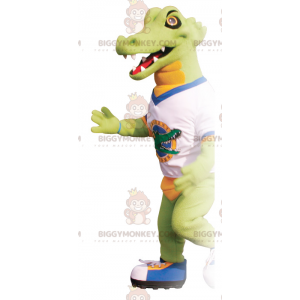 Traje de mascote de crocodilo BIGGYMONKEY™ verde e laranja com