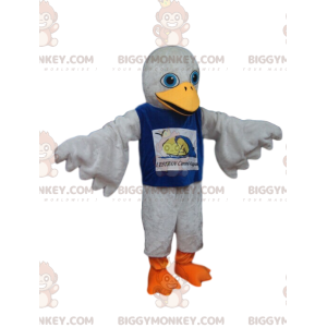 BIGGYMONKEY™ Mascottekostuum Witte Vogel met Blauw Shirt -