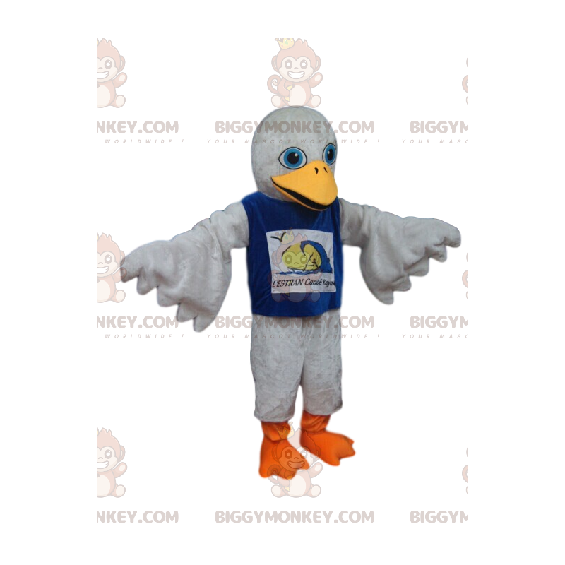 Traje de mascote BIGGYMONKEY™ Pássaro branco com camisa azul –