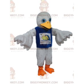 BIGGYMONKEY™ Mascottekostuum Witte Vogel met Blauw Shirt -