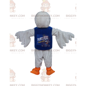 Traje de mascote BIGGYMONKEY™ Pássaro branco com camisa azul –